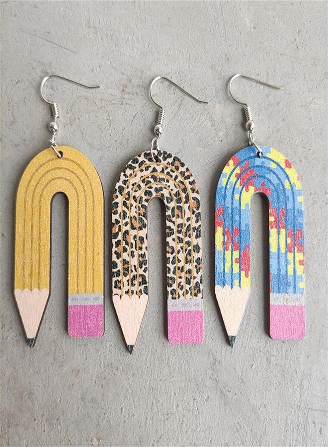 Kicomvi Wooden Pencil Drop Earring Classic Stack of Books Dangle Earrings Handmade Librarian Teacher Hook Earring for Women Teachers, Students Back to School Gradution Jewelry-pencil leopard - Image 2